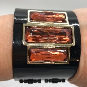 Lee Angel Retro Modernest Blk Enamel Faceted Topaz Art Deco Hinged Cuff Bracelet
